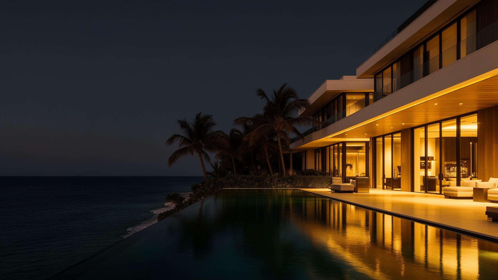 Oceanfront mansion at dusk